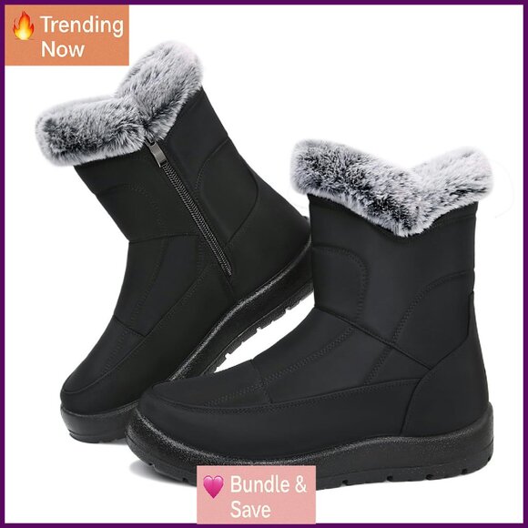 Waterproof Mid-Calf Winter Boots Faux Fur Lined Zipper Snow Booties